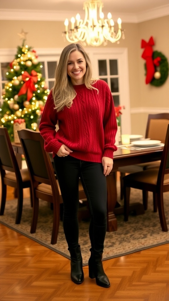 Casual Christmas dinner outfit with a red sweater, dark jeans, and ankle boots, set against a festive dining backdrop.